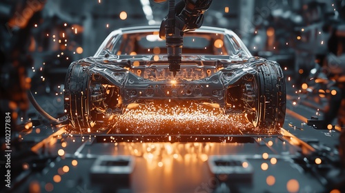 Obraz na płótnie Automated car manufacturing process. Welding of car body components in a high-tech factory w salonie