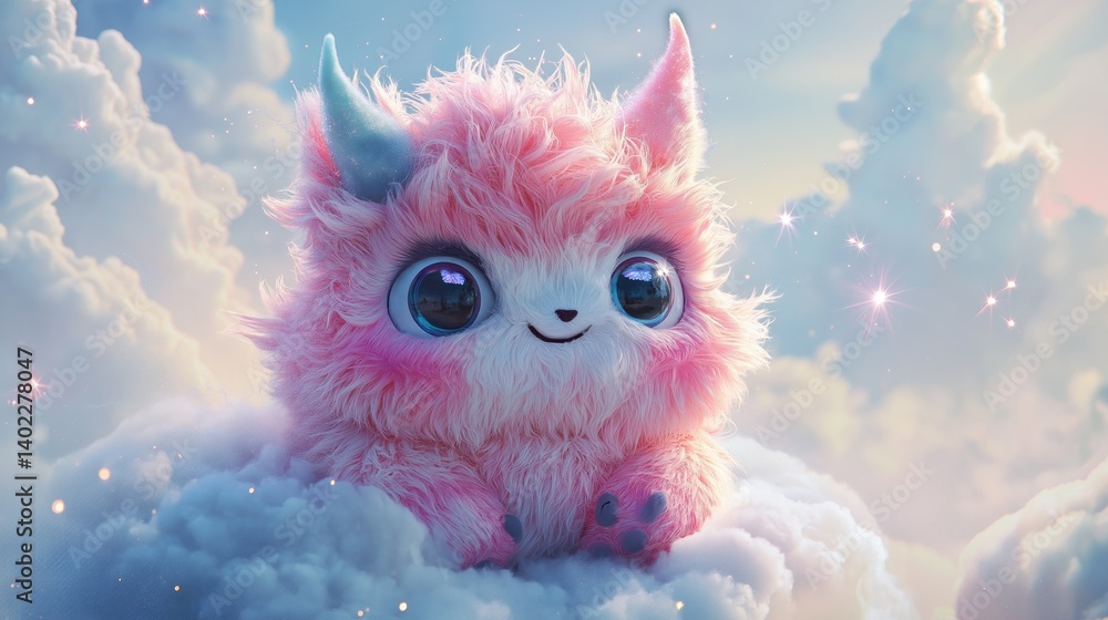 Fluffy, pink creature, cute, sitting on a cloud, fantasy art, adorable, dreamy, soft, whimsical, digital art, pastel colors