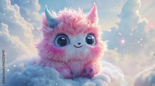 Obraz na płótnie Fluffy, pink creature, cute, sitting on a cloud, fantasy art, adorable, dreamy, soft, whimsical, digital art, pastel colors w salonie