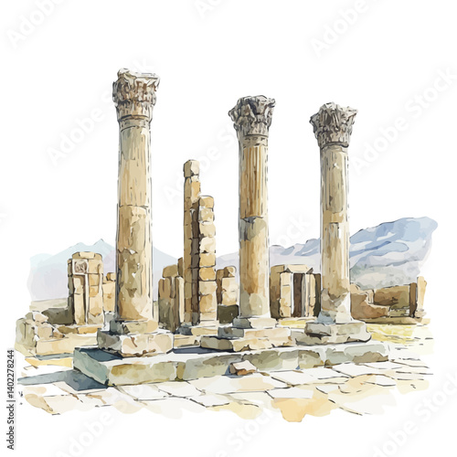 Persepolis Ruins In Persia, watercolor vector, isolated on a white background.