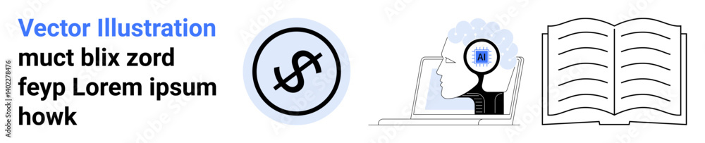 Dollar sign in circular frame, human profile examining laptop with magnifier, and open book. Ideal for education, finance, research, analysis, knowledge sharing, study and simple landing page Dollar sign in circular frame, human profile examining laptop with magnifier, and open book. Ideal for education, finance, research, analysis, knowledge sharing, study and simple landing page