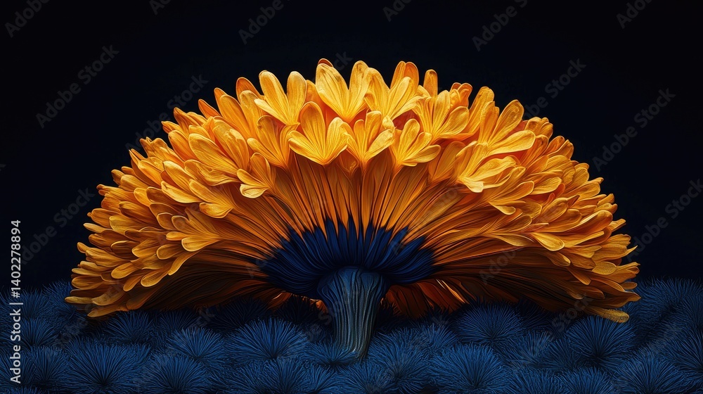 Vibrant orange flower, detailed petals, dark background