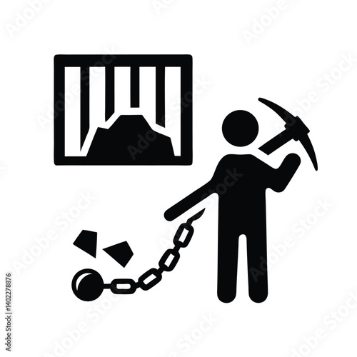 Prisoner Escaping Jail with Pickaxe and Broken Shackles, Freedom Icon Symbol
