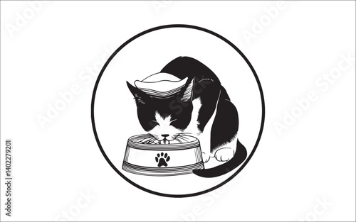 Cute Cat Eating from Bowl Silhouette – Pet Food Vector Illustration