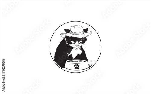 Cute Cat Eating from Bowl Silhouette – Pet Food Vector Illustration