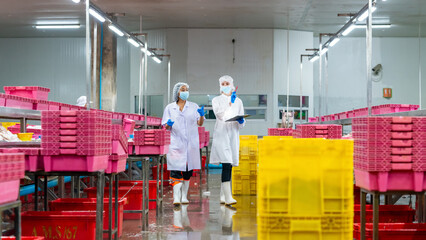 Canned food manufacturing factory industry. Quality control officer inspecting production line. Worker preparing sardines packaging into aluminum cans. Processed food production business entrepreneur.