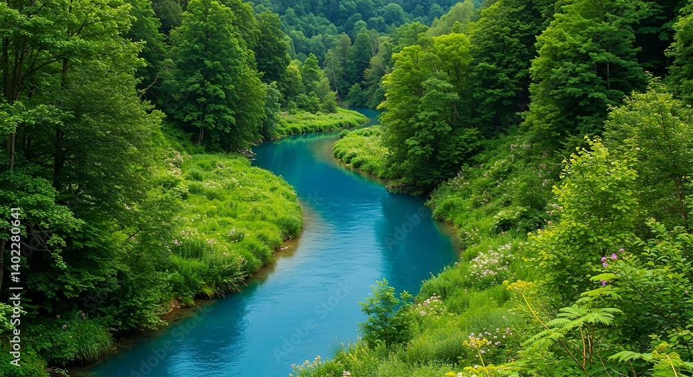 Scenic river flowing through green forest landscape Scenic river flowing through green forest landscape