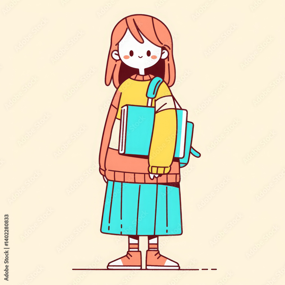 Friendly female student with books and backpack, showcasing cheerful expression Friendly female student with books and backpack, showcasing cheerful expression