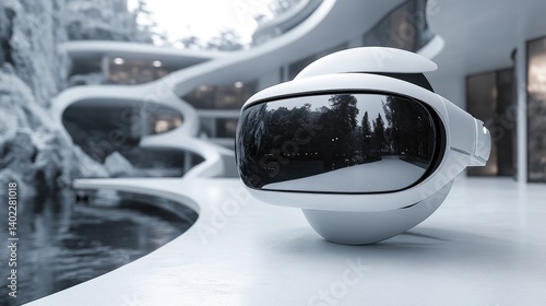 Futuristic VR headset placed on a modern patio overlooking a tranquil pool, nestled within a complex of curved buildings