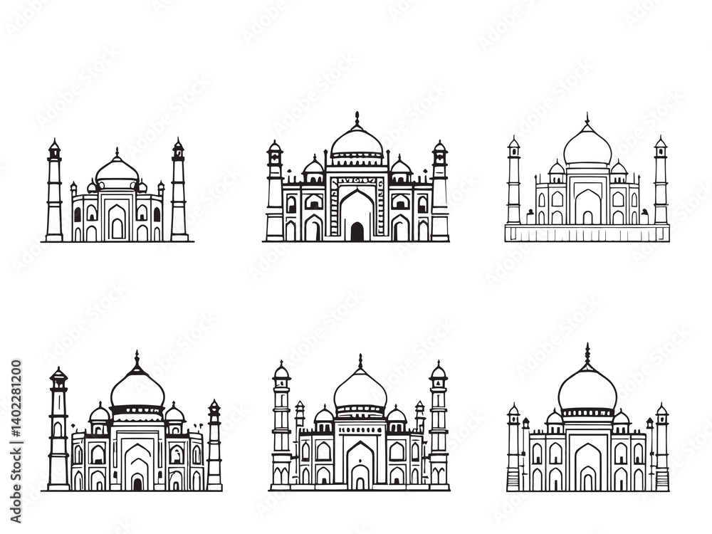 Obraz premium Taj Mahal Monument Outline Illustration Set