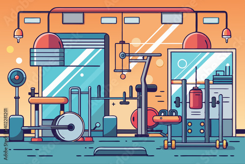 Gym interior with machines and mirrors