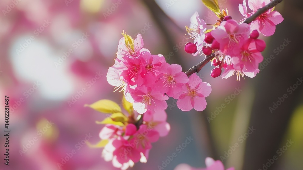 Obraz premium A close-up of pink cherry blossoms against a blue sky.