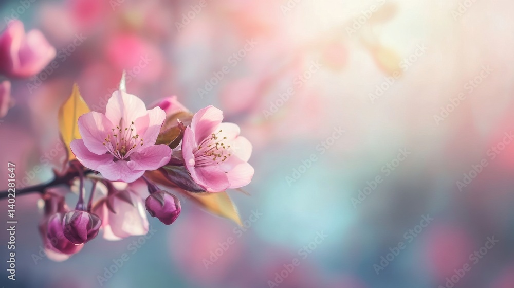 A close-up of pink cherry blossoms against a blue sky. A close-up of pink cherry blossoms against a blue sky.