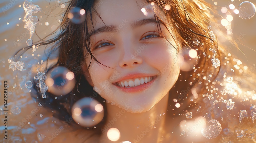 Joyful child submerged in water, surrounded by bubbles. Radiant smile, sparkling eyes, and playful water