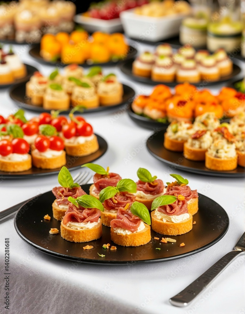 Elegant assortment of canapés served on black plates for a festive gathering or event Elegant assortment of canapés served on black plates for a festive gathering or event