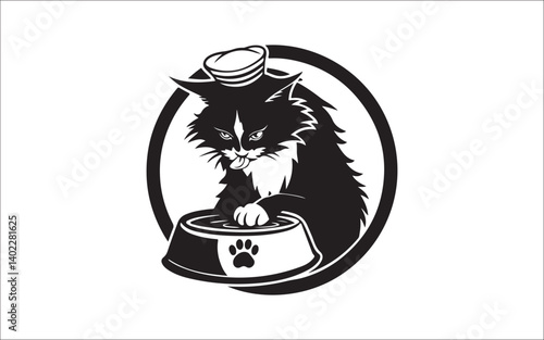 Cute Cat Eating from Bowl Silhouette – Pet Food Vector Illustration