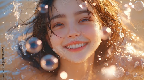 Obraz na płótnie Joyful child submerged in water, surrounded by bubbles. Radiant smile, sparkling eyes, and playful water w salonie
