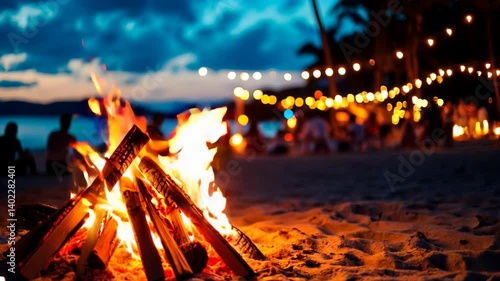 Bonfire party at night video footage. Friends chilling out at tropical beach with campfire and lights motion picture clip. Coastline celebration at Summer