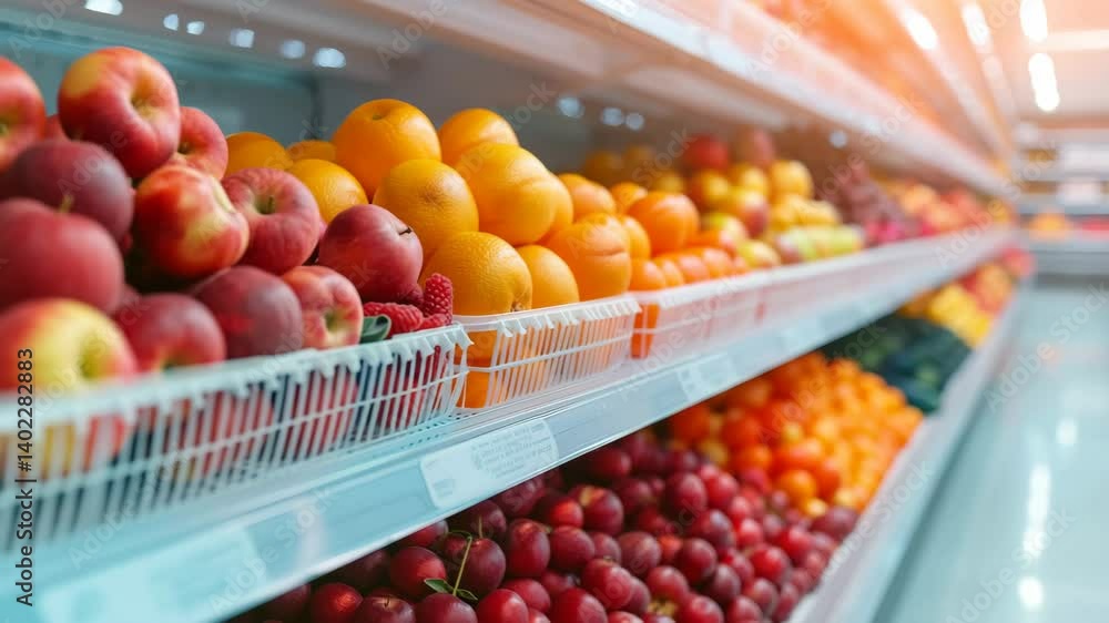 Shelves in what appears to be a grocery store are stocked with various fresh fruits, including apples, oranges and possibly plums or peaches Shelves in what appears to be a grocery store are stocked with various fresh fruits, including apples, oranges and possibly plums or peaches
