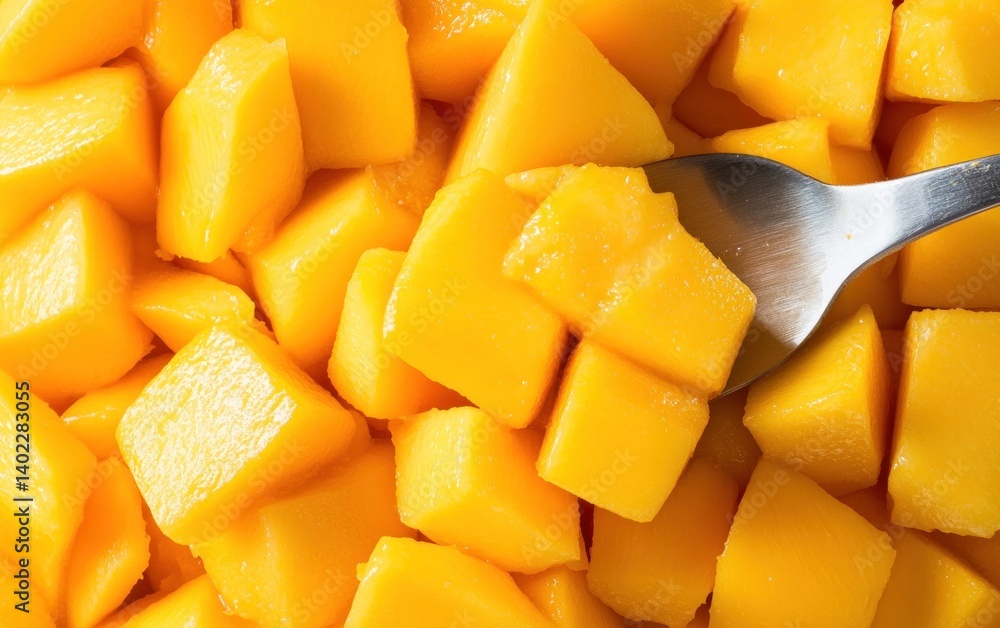 Diced Mango Pieces Close Up with Fork Diced Mango Pieces Close Up with Fork