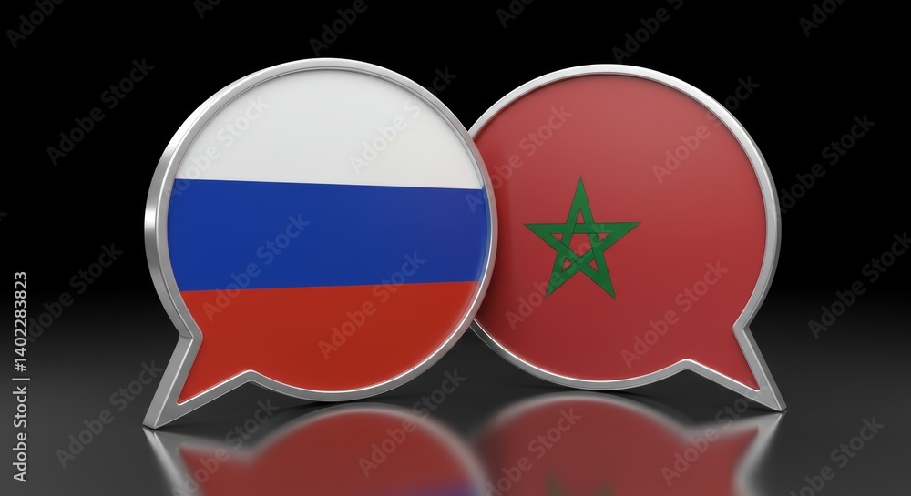 Russia and Morocco flags depicted on overlapping speech bubbles diplomatic dialog Russia and Morocco flags depicted on overlapping speech bubbles diplomatic dialog