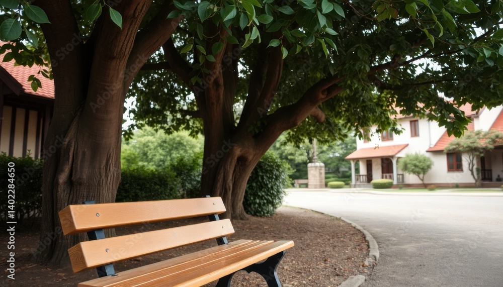Serene park bench under a large tree's shade near charming houses Peaceful outdoor scene perfect for relaxation Serene park bench under a large tree's shade near charming houses Peaceful outdoor scene perfect for relaxation