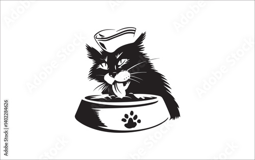 Cute Cat Eating from Bowl Silhouette – Pet Food Vector Illustration