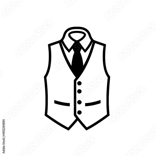 Minimalist black and white line art icon of a formal men's waistcoat or vest for clothing and fashion design