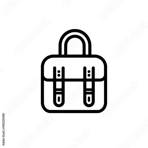 Briefcase icon with buckle straps in black outline style representing business bag, professional gear, or office equipment