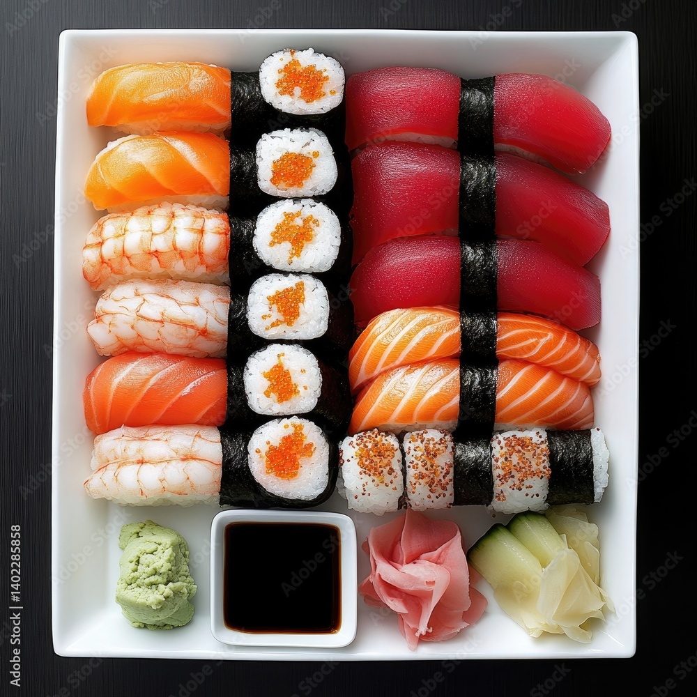 Assorted sushi platter with various fish and shrimp rolls. Appetizing array of nigiri, maki, and sashimi. Includes wasabi, soy sauce, ginger, and cucumber