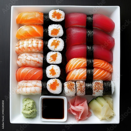 Obraz na płótnie Assorted sushi platter with various fish and shrimp rolls. Appetizing array of nigiri, maki, and sashimi. Includes wasabi, soy sauce, ginger, and cucumber w salonie