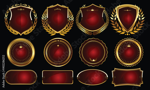 Luxury premium golden badges, shield with laurel wreath security shield vector and gold circle badges labels art icons collection set
