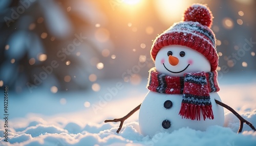 Winter holiday christmas background banner Closeup of cute funny laughing snowman with wool hat and scarf, on snowy snow snowscape with bokeh lights, illuminated by the sun.