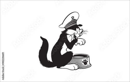 Cute Cat Eating from Bowl Silhouette – Pet Food Vector Illustration