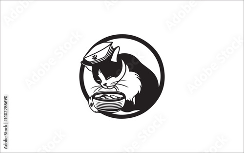 Cute Cat Eating from Bowl Silhouette – Pet Food Vector Illustration