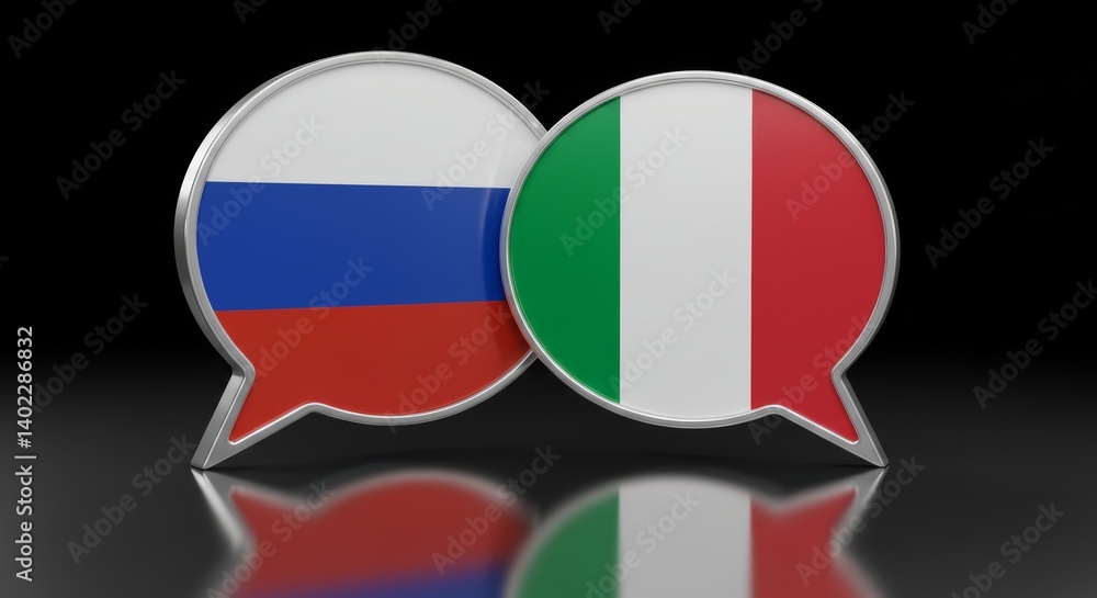 Conceptual 3D Render of Russia and Italy Flags within Overlapping Speech Bubbles Conceptual 3D Render of Russia and Italy Flags within Overlapping Speech Bubbles