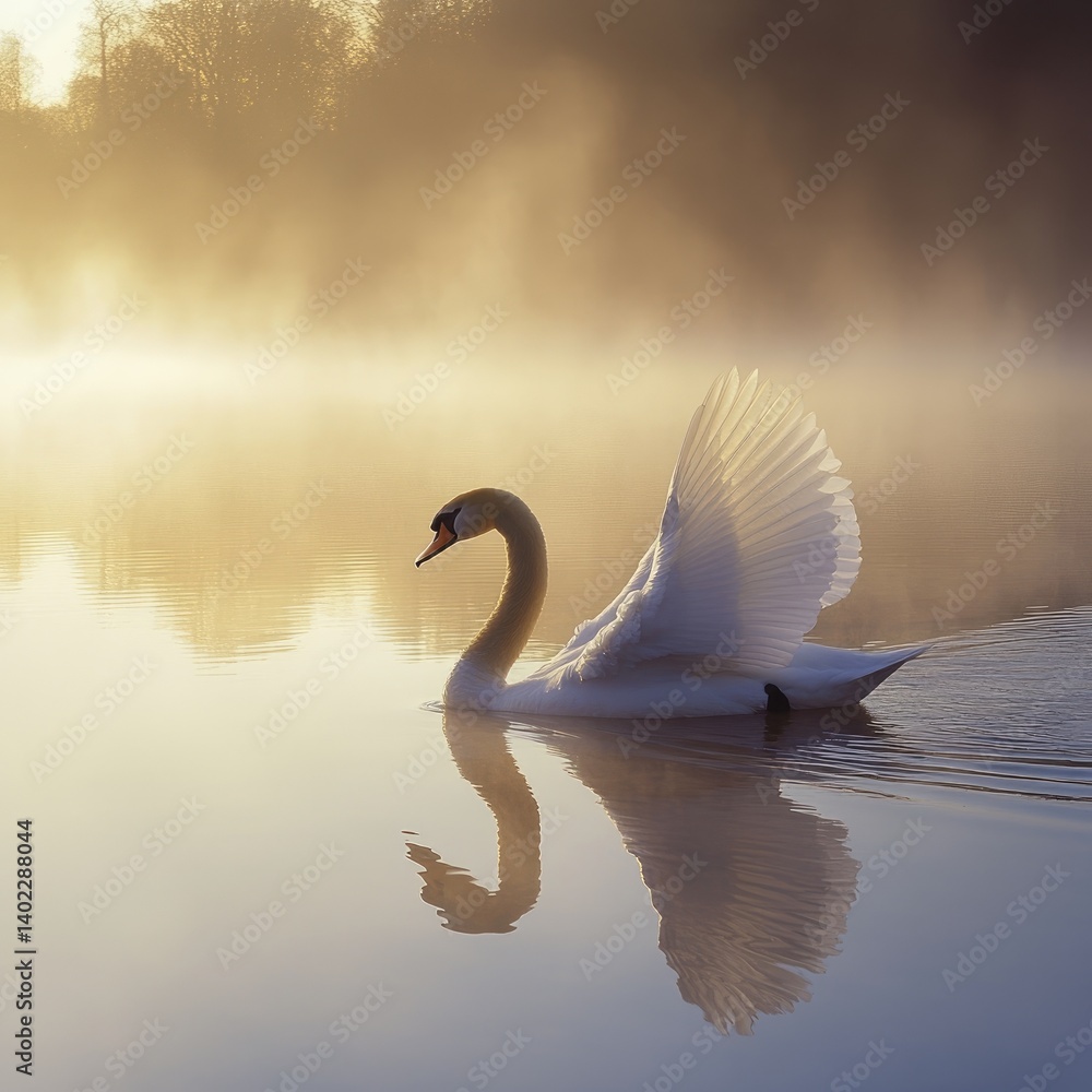 Majestic swan gliding on tranquil lake at sunrise. Soft morning light illuminates the serene water, creating a peaceful and beautiful scene.