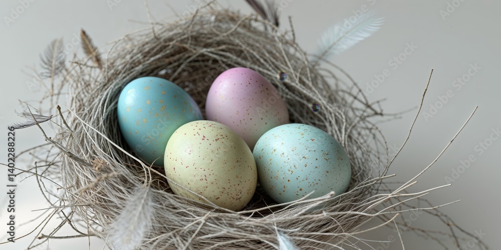 Four colorful speckled eggs nestled inside a natural bird nest. Four colorful speckled eggs nestled inside a natural bird nest.