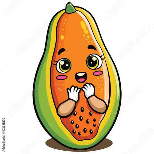 Cute, surprised papaya fruit cartoon character