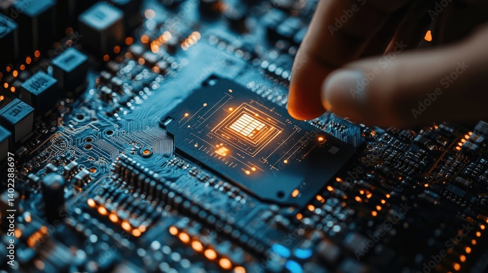 A hand carefully placing a microchip onto a circuit board, highlighting the intricate components