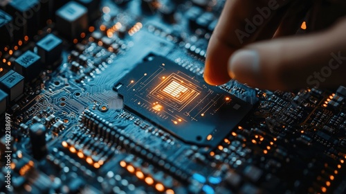 Obraz na płótnie A hand carefully placing a microchip onto a circuit board, highlighting the intricate components w salonie