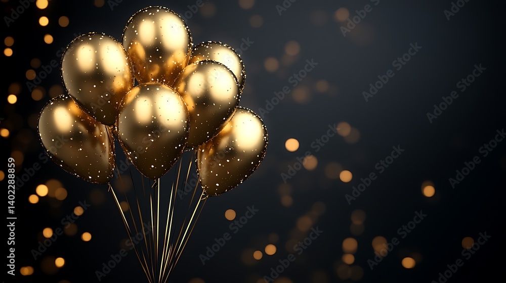 Obraz premium Cluster of Golden Helium Balloons with Sparkling Confetti on Dark Luxury Background – Elegant Party Celebration Scene for Festive Events, Birthdays, or New Year Design