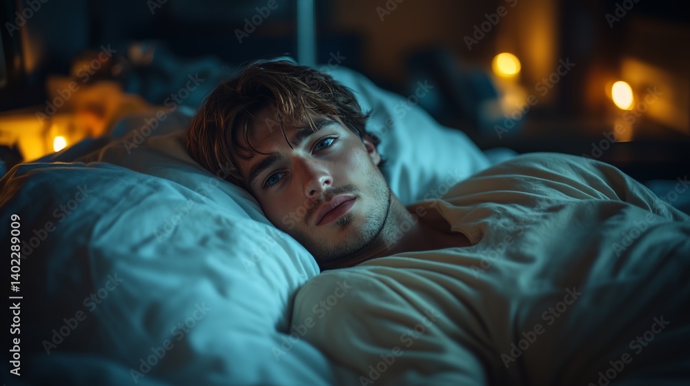 Frustrated man insomnia in bed night Frustrated man insomnia in bed night