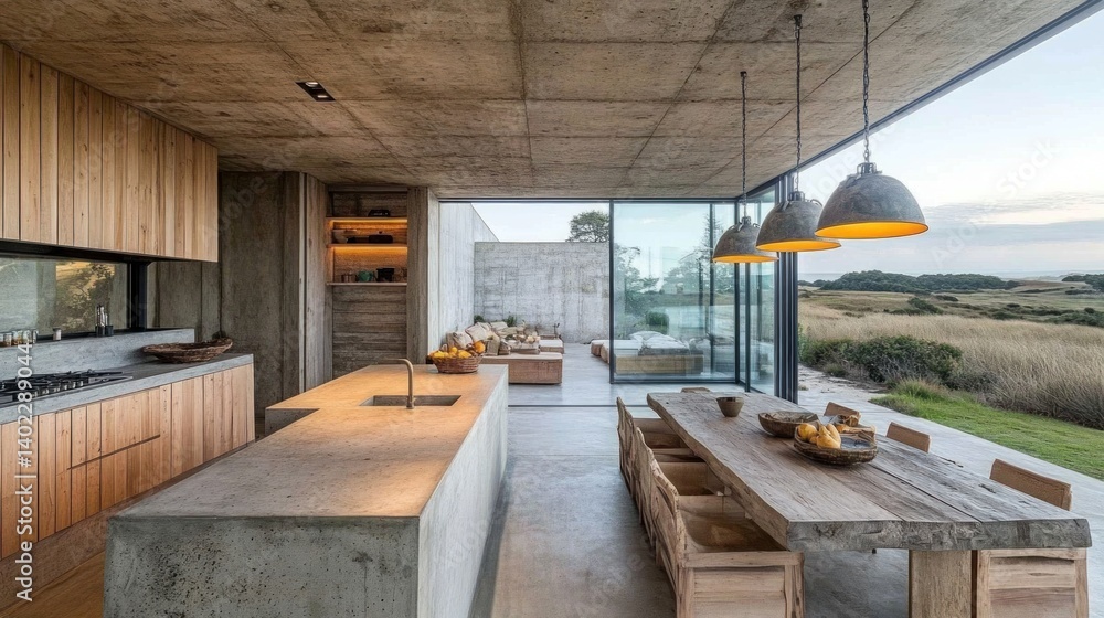 Fototapeta premium Modern kitchen and dining area with a spacious outdoor view