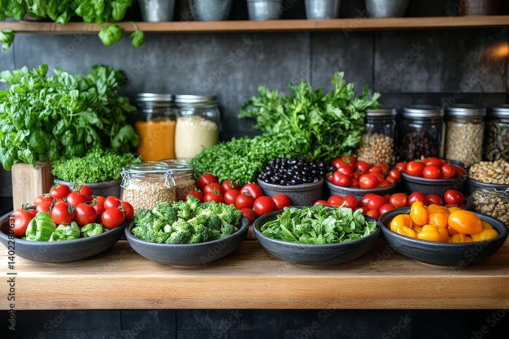 The kitchen table is lined with fresh vegetables, lean proteins and whole grains. Generative AI The kitchen table is lined with fresh vegetables, lean proteins and whole grains. Generative AI