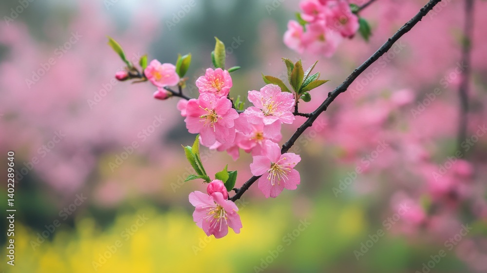 A close-up of pink cherry blossoms against a blue sky.