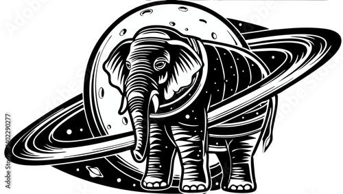 Elephant in space suit floating with Saturn and moon background  