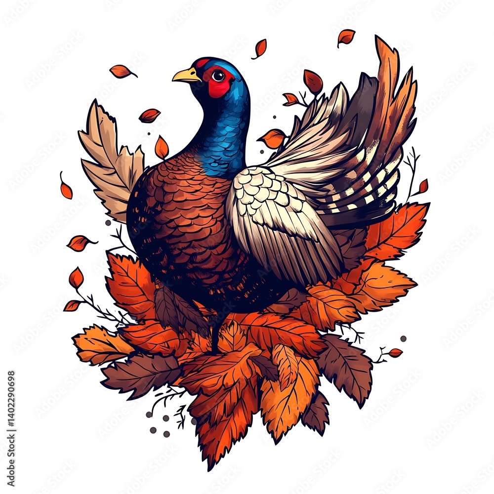 Obraz premium Majestic Common Pheasant Bird Amidst Autumn Leaves. A vibrant illustration of wildlife in fall foliage.