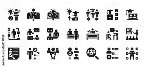 Business education icon set. Business employee coaching icons. Contains symbol of management, training, mentoring, expert, qualification, qualified worker, learning, selection. Vector illustration