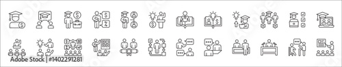 Business employee coaching icons. Business education icon set. Contains symbol of management, training, mentoring, expert, qualification, qualified worker, learning, selection. Vector illustration